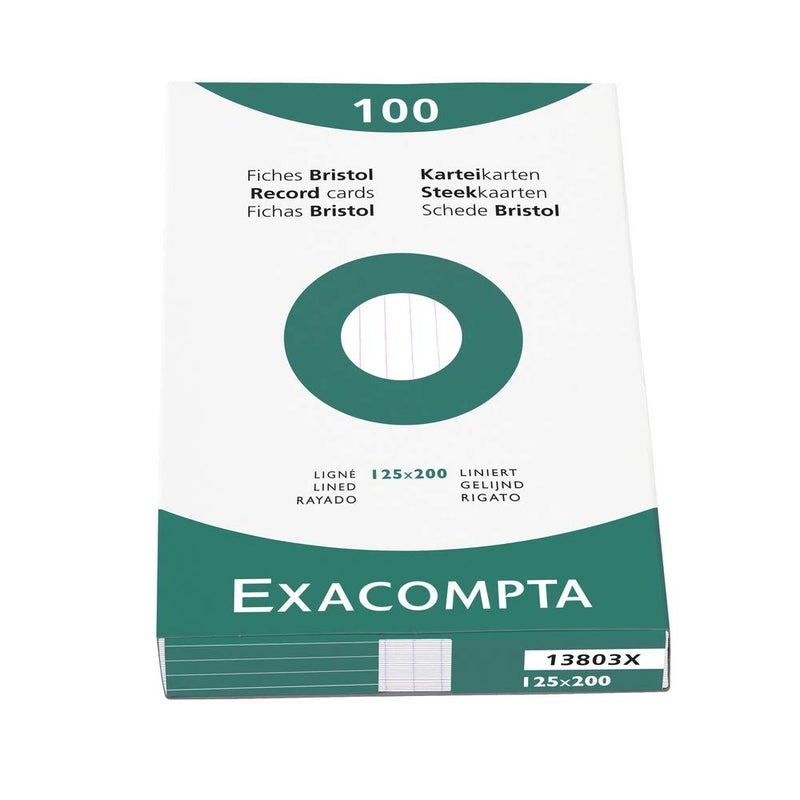 Exacompta - Ref 13803X - Bristol Record Cards (Pack of 100) - 125 x 200mm in Size, Lined Rulings, 205gsm Card, Laser & Inkjet Printer Compatible - White - Image 1
